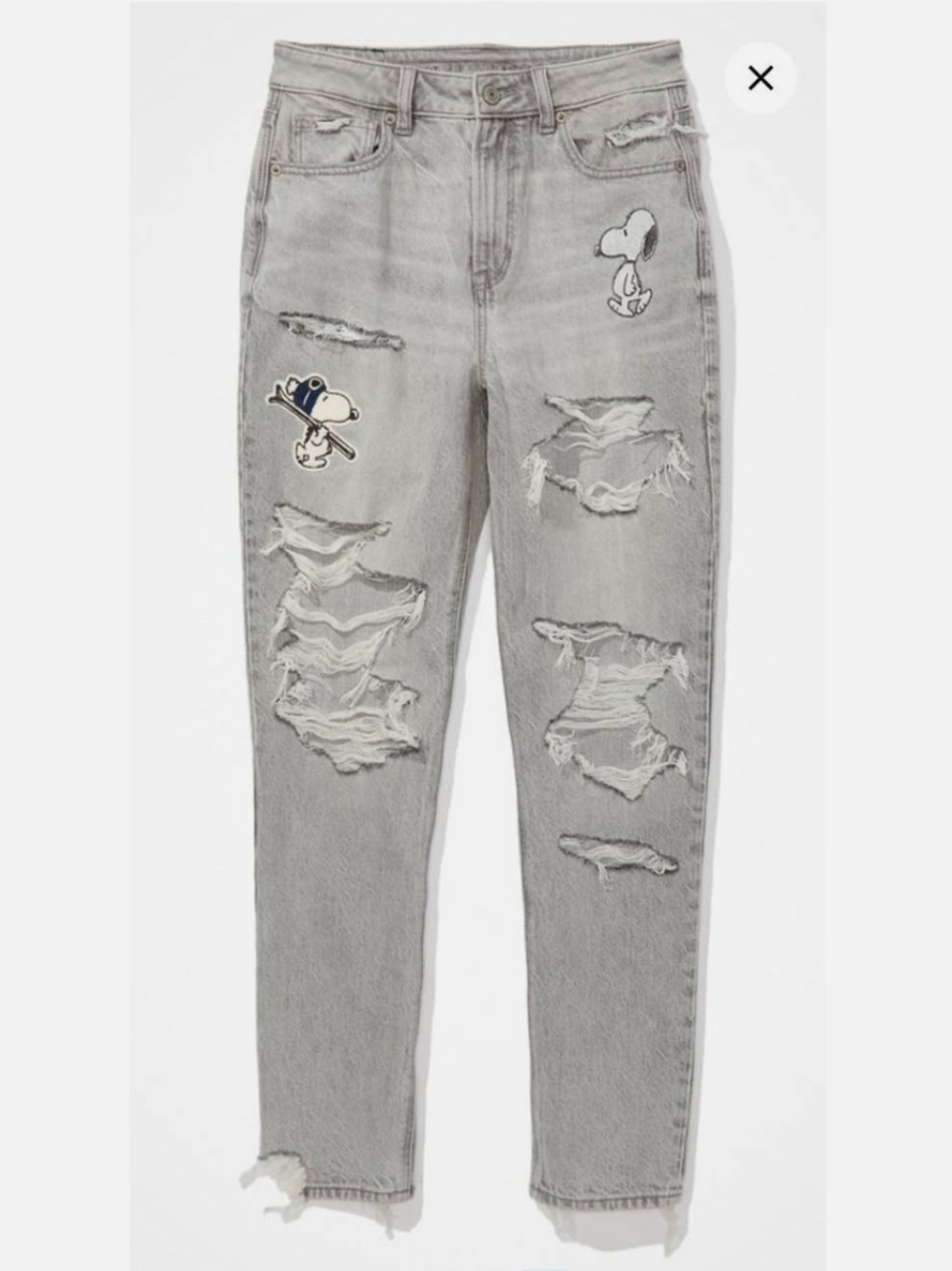 American Eagle x Peanuts Snoopy Charlie Brown Distressed Gray Denim Mom Jeans 10